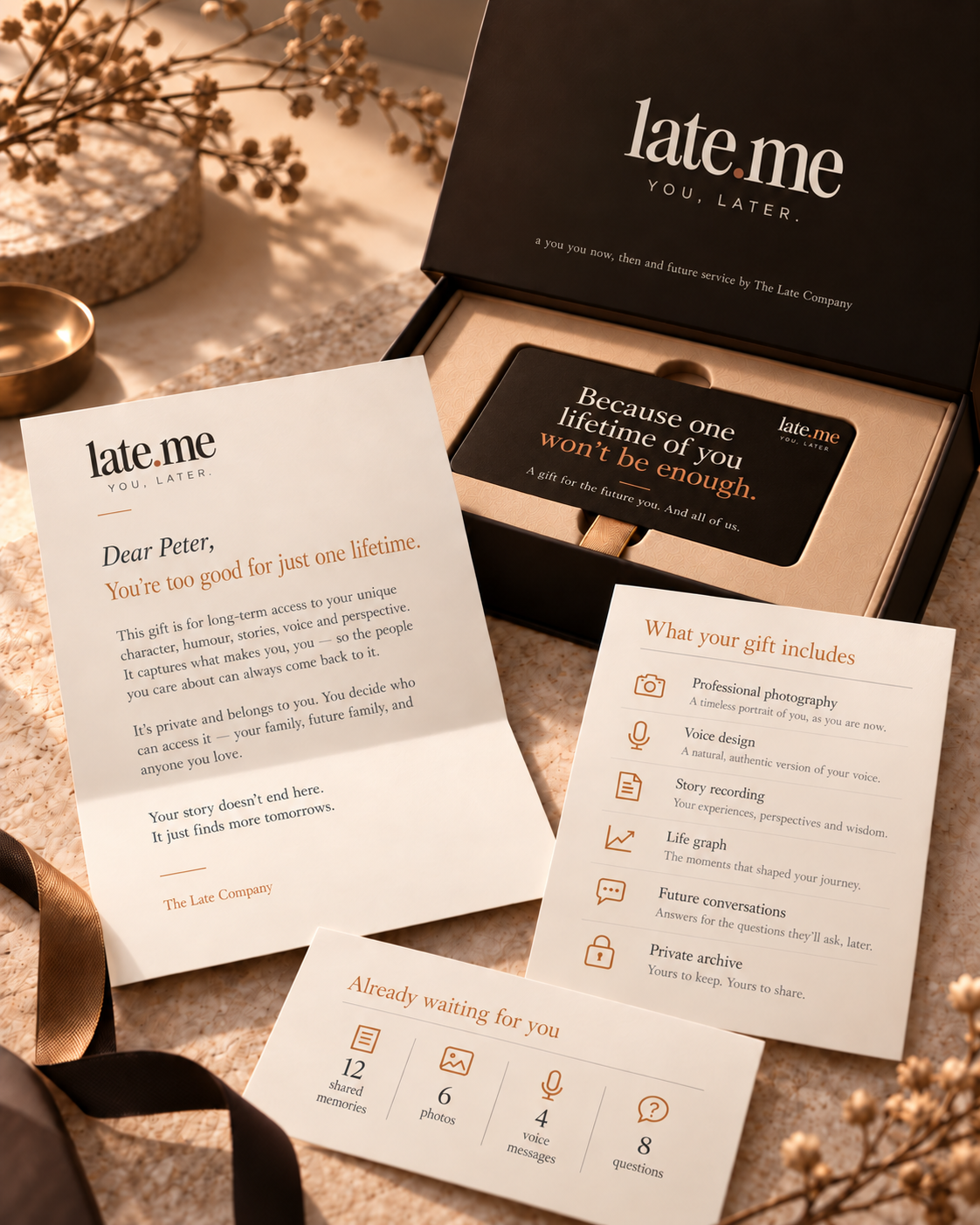 An open LATE ME gift box with the card “Because one lifetime of you won't be enough”, a letter to Peter and inserts