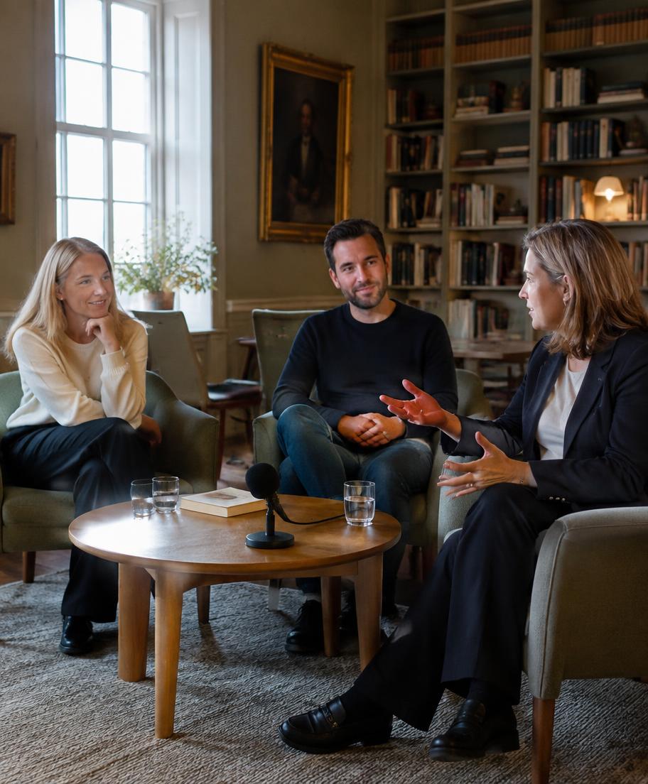En liten gruppe deler historier i et herregårdsbibliotek
