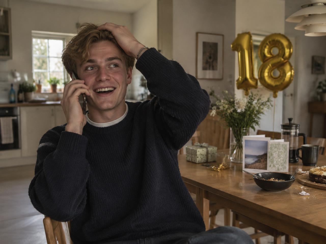 En attenåring ler i telefonen ved bursdagsbordet sitt