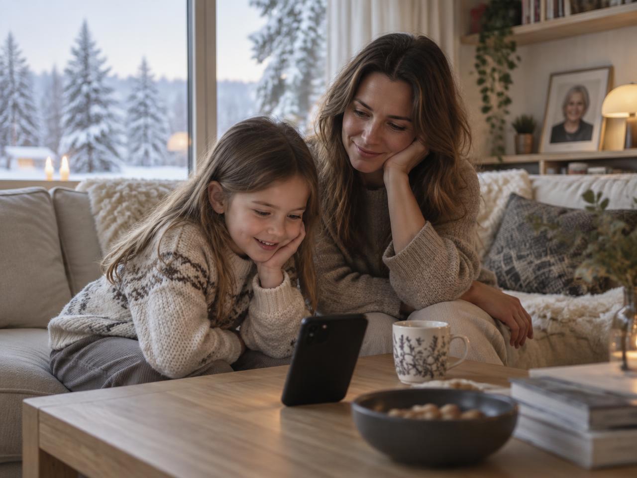 En ung jente ved siden av moren sin lener seg mot en telefon på bordet