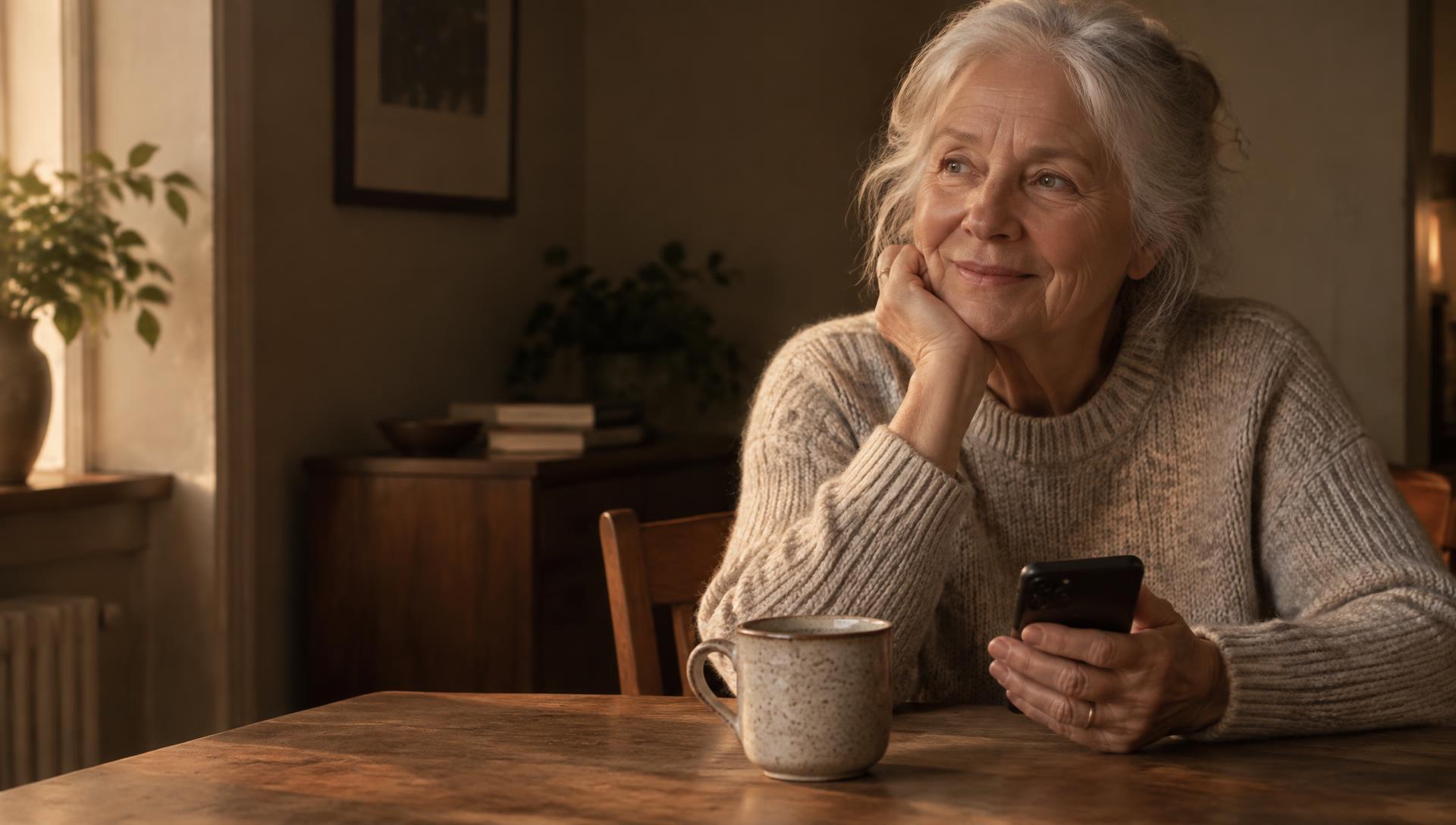 En kvinna i 70-årsåldern ler vid köksbordet i eftermiddagsljuset med telefonen i handen.